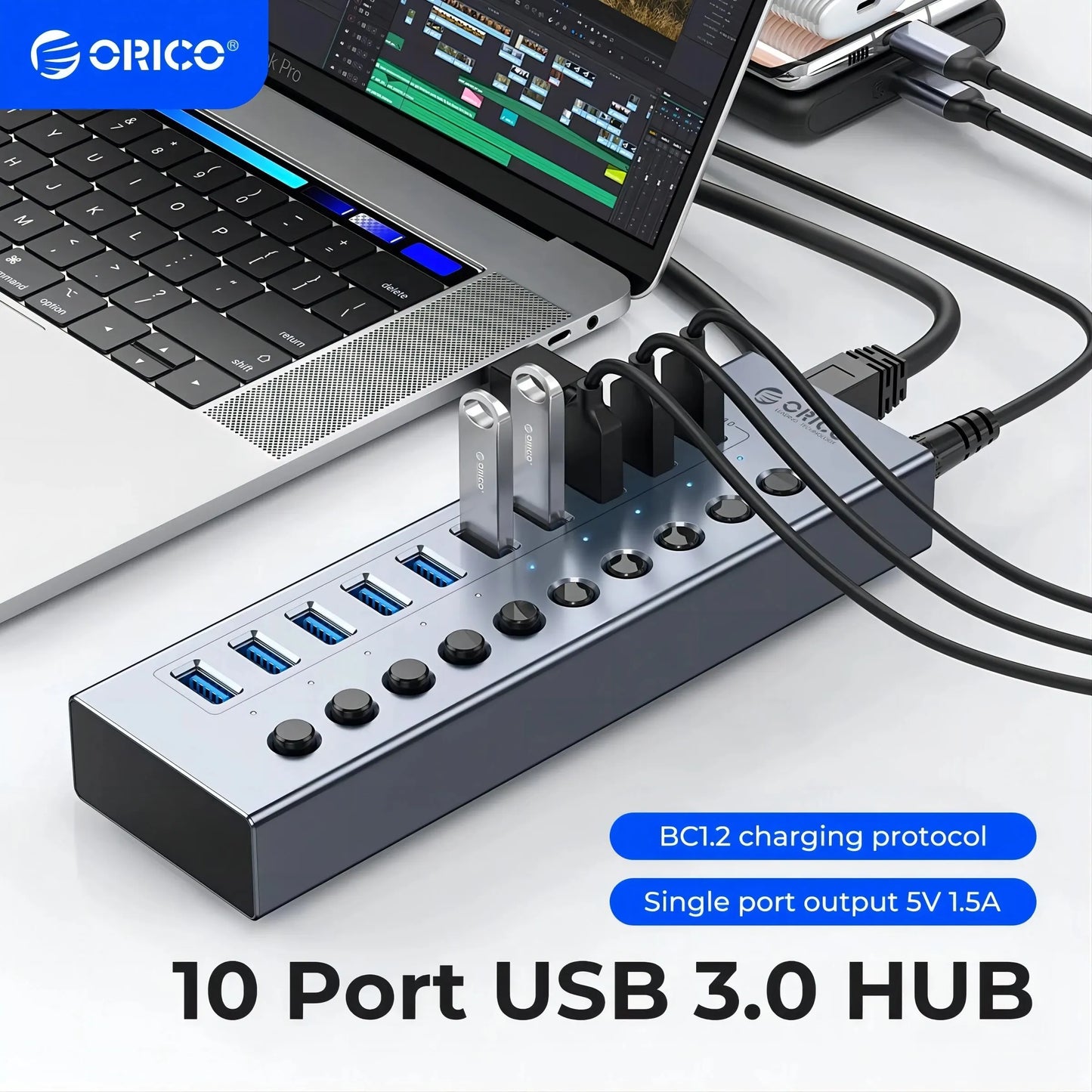 ORIHUB™ – 7/10/13/16-Port USB 3.0 Smart Hub mit Stromversorgung
