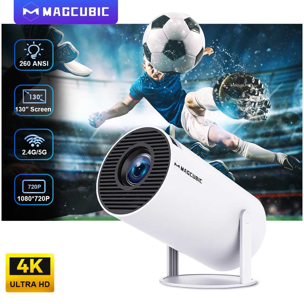 HY300 Pro Android Projector displaying 4K LED visuals for media rooms, a top choice among affordable home projectors.