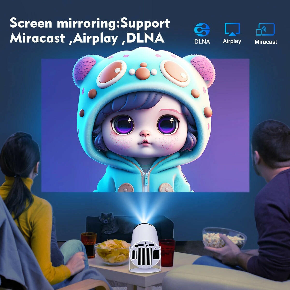 HY300 Pro Android Projector displaying 4K LED visuals for media rooms, a top choice among affordable home projectors.