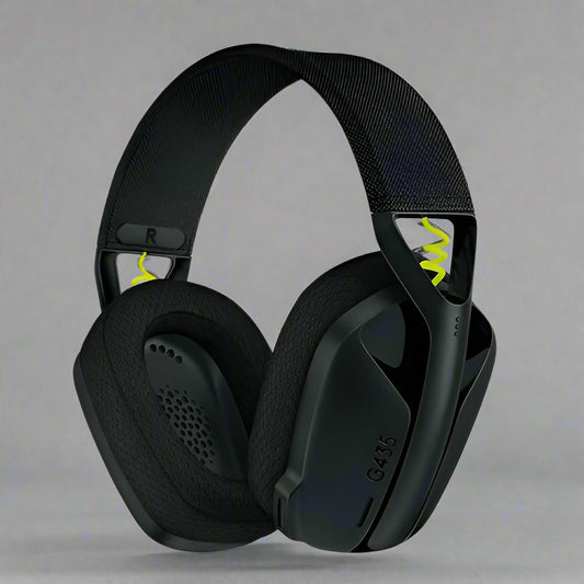 Logitech G435 Wireless Gaming Headset in black, featuring Bluetooth connectivity and lightweight ergonomic design